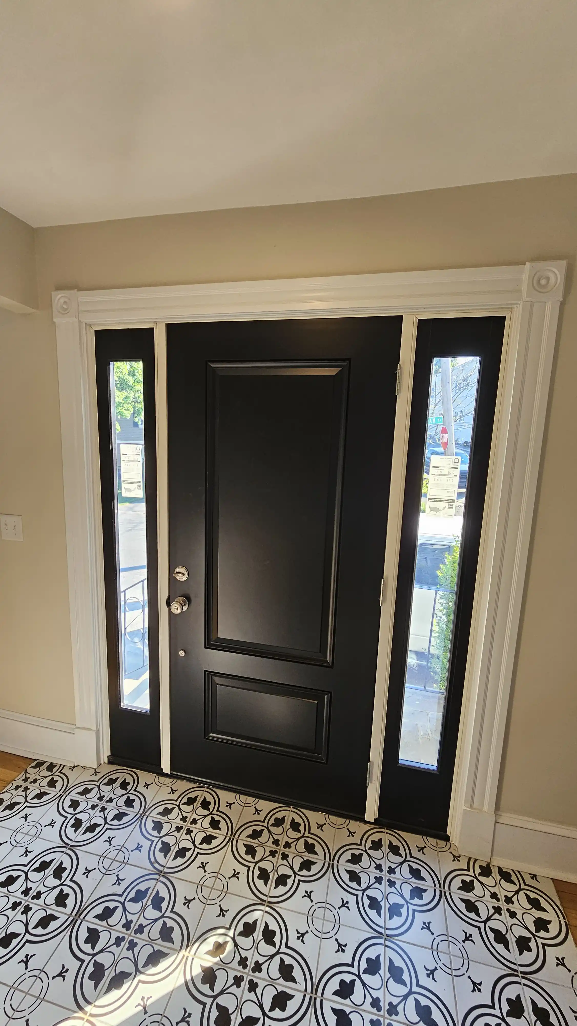 Elegant black front door with raised panels and two glass sidelites
