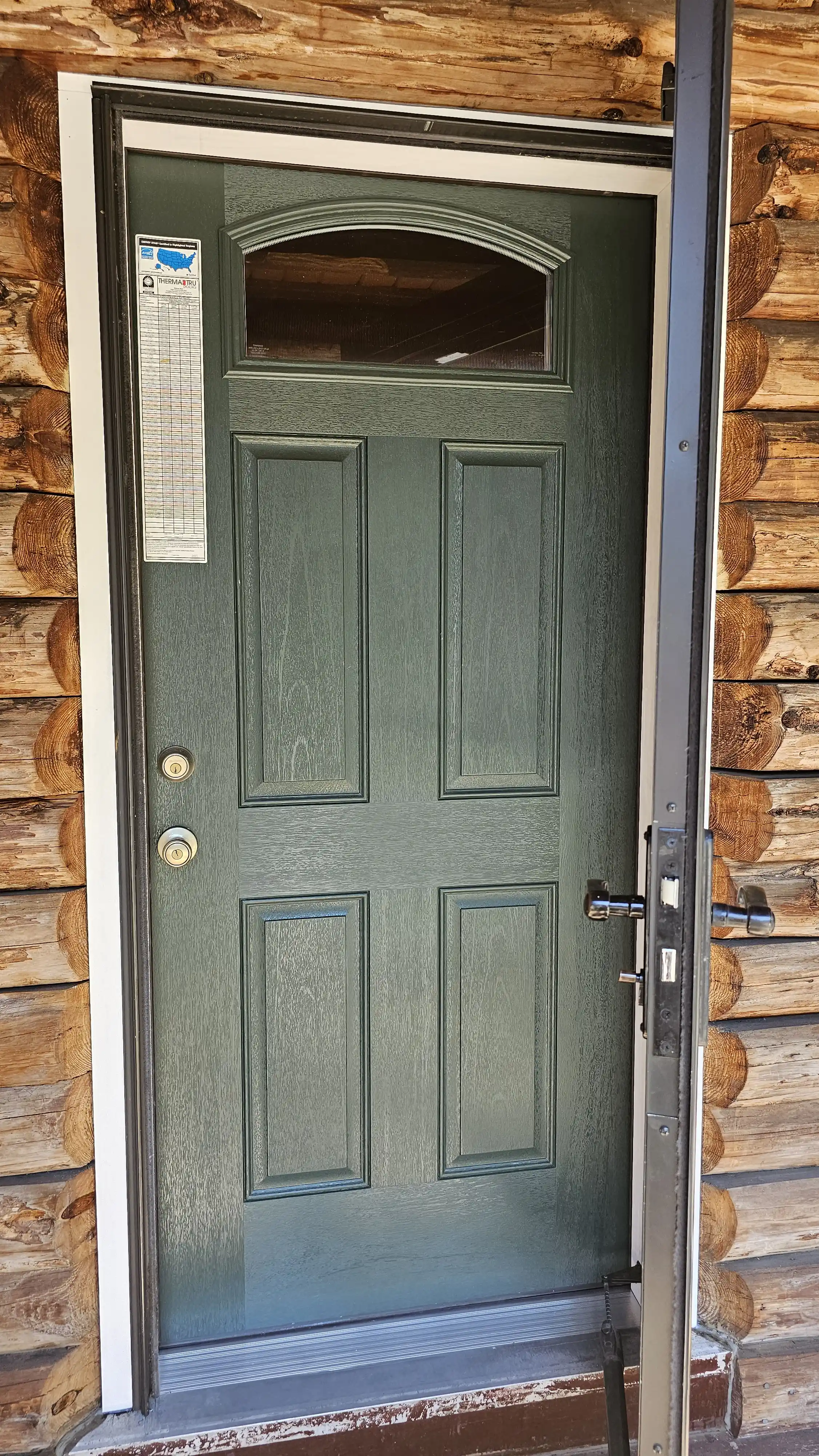 Dark green entry door with arched glass insert and wood texture