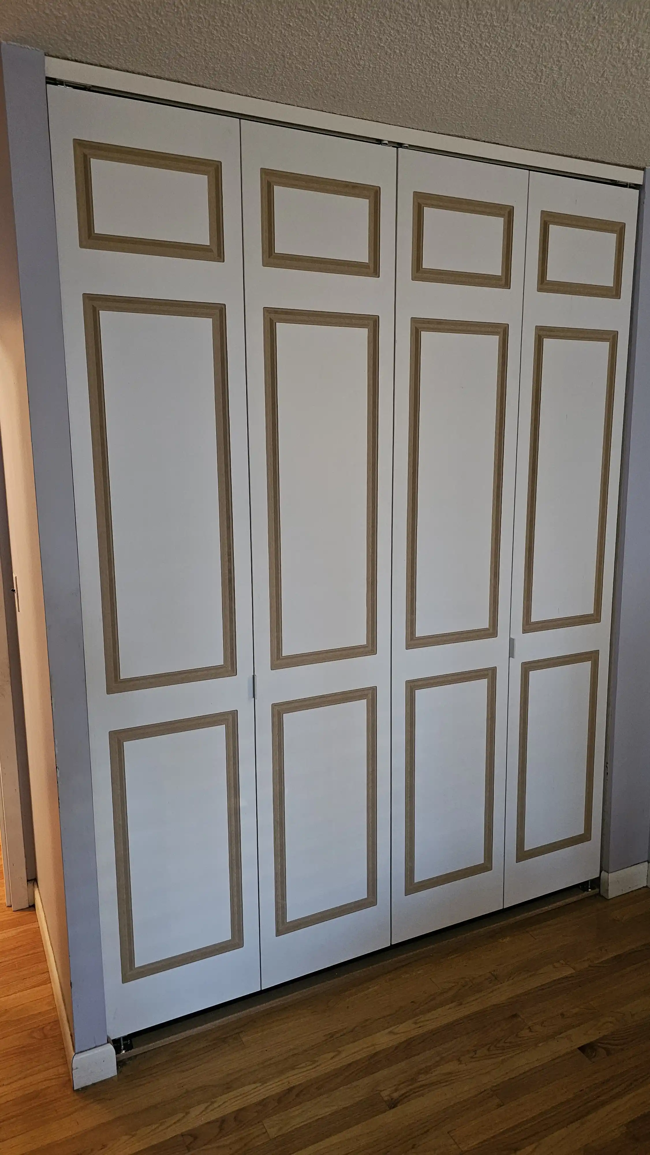 Closet bi-fold doors in white with rectangular raised panels and recessed edges