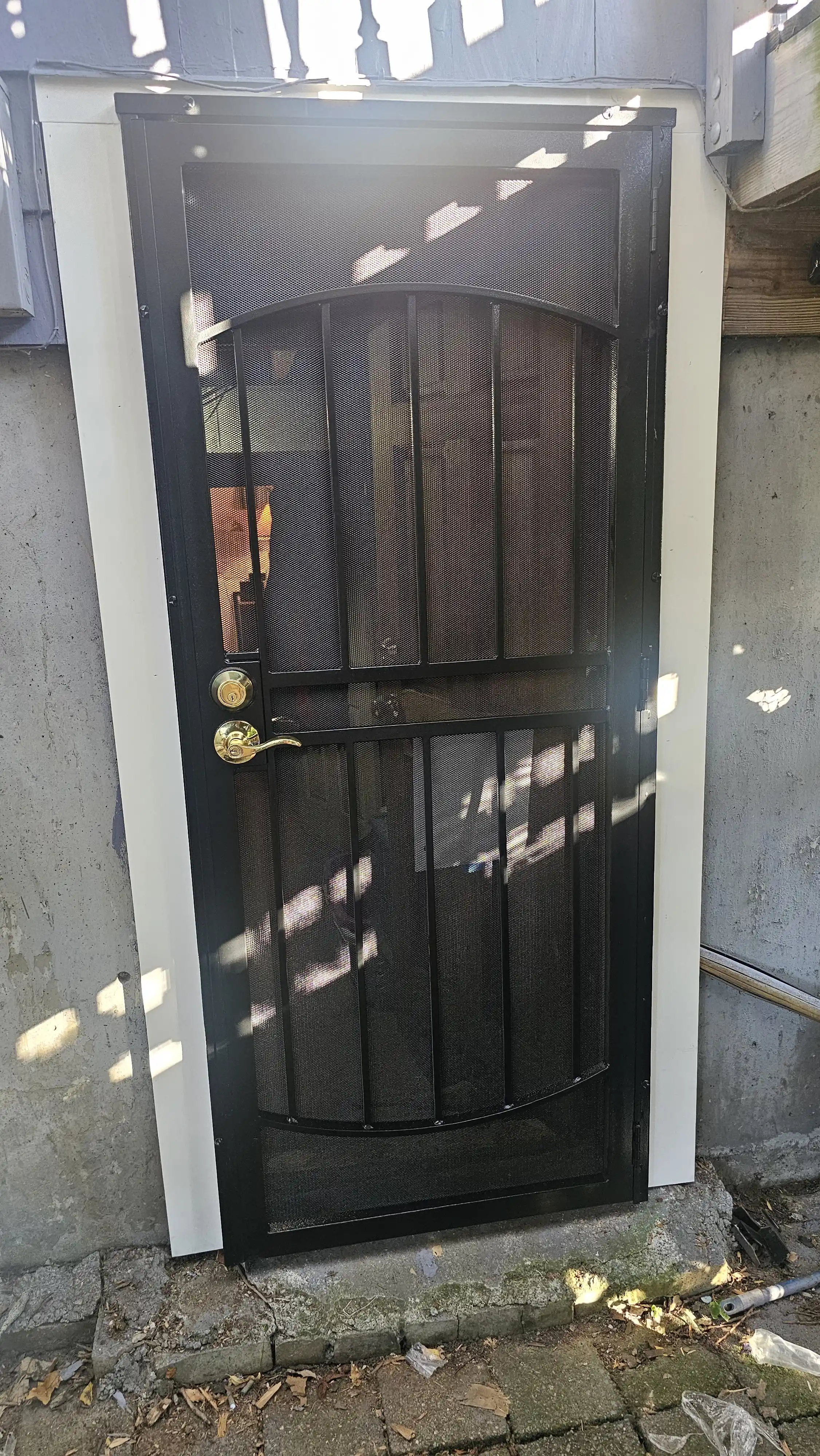 Black steel security door with arched grille and mesh screen