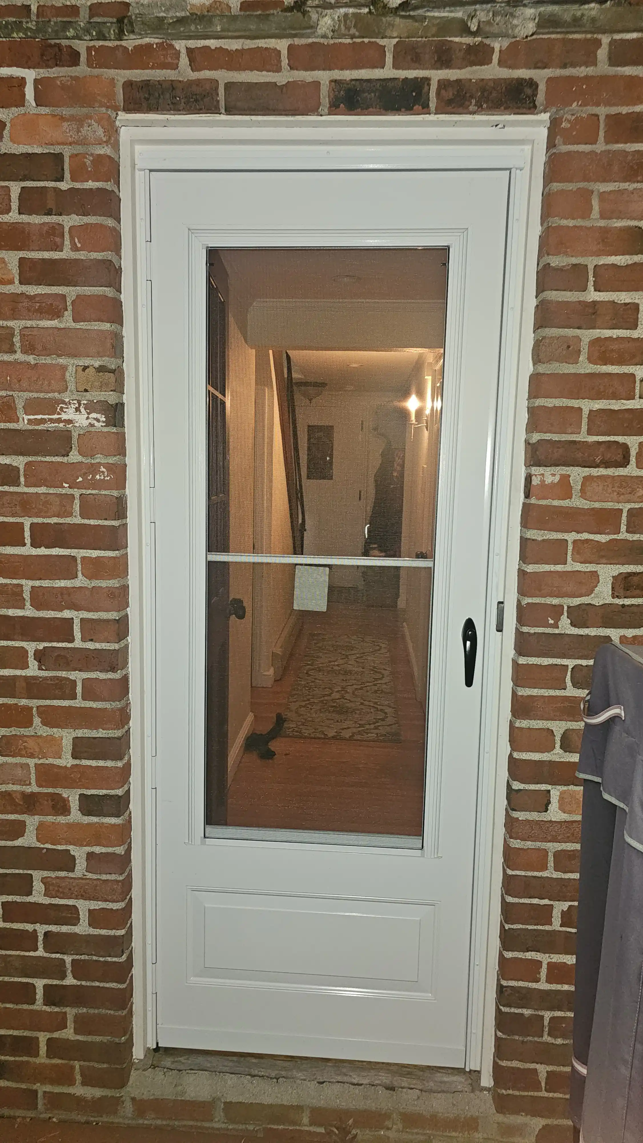 White storm door with a silver handle and glass panel.